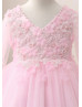 Long Sleeves Pink Pearl Embellished Flower Girl Dress